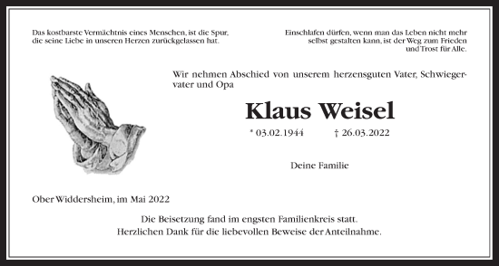 Traueranzeige von Klaus Weisel von Kreis-Anzeiger