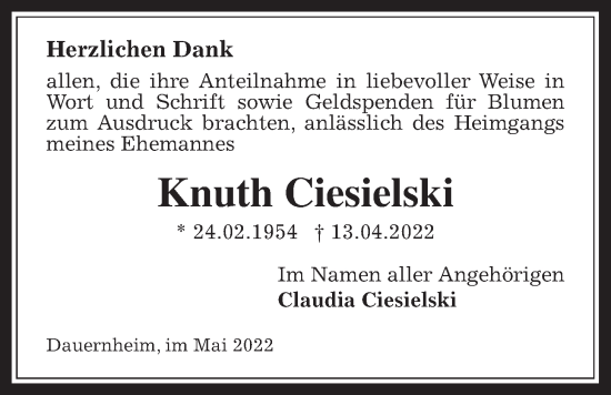 Traueranzeige von Knuth Ciesielski von Kreis-Anzeiger