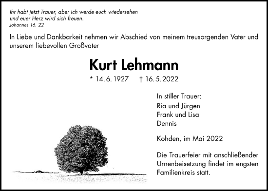 Traueranzeige von Kurt Lehmann von Kreis-Anzeiger