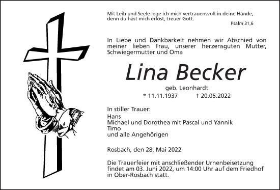 Traueranzeige von Lina Becker von Wetterauer Zeitung