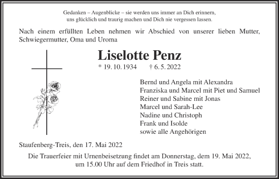 Traueranzeige von Liselotte Penz von Giessener Anzeiger