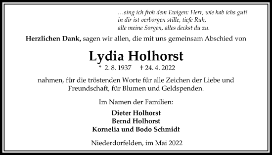 Traueranzeige von Lydia Holhorst von Bad Vilbel/Karben