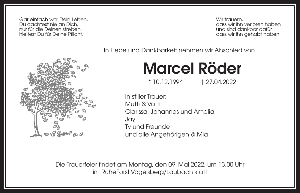  Traueranzeige für Marcel Röder vom 05.05.2022 aus Giessener Allgemeine, Alsfelder Allgemeine