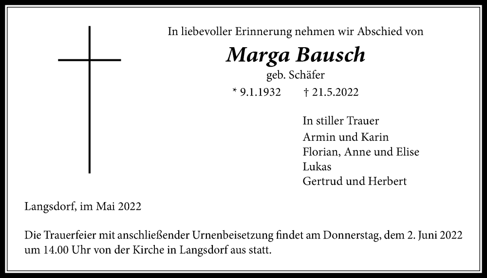  Traueranzeige für Marga Bausch vom 25.05.2022 aus Licher Wochenblatt