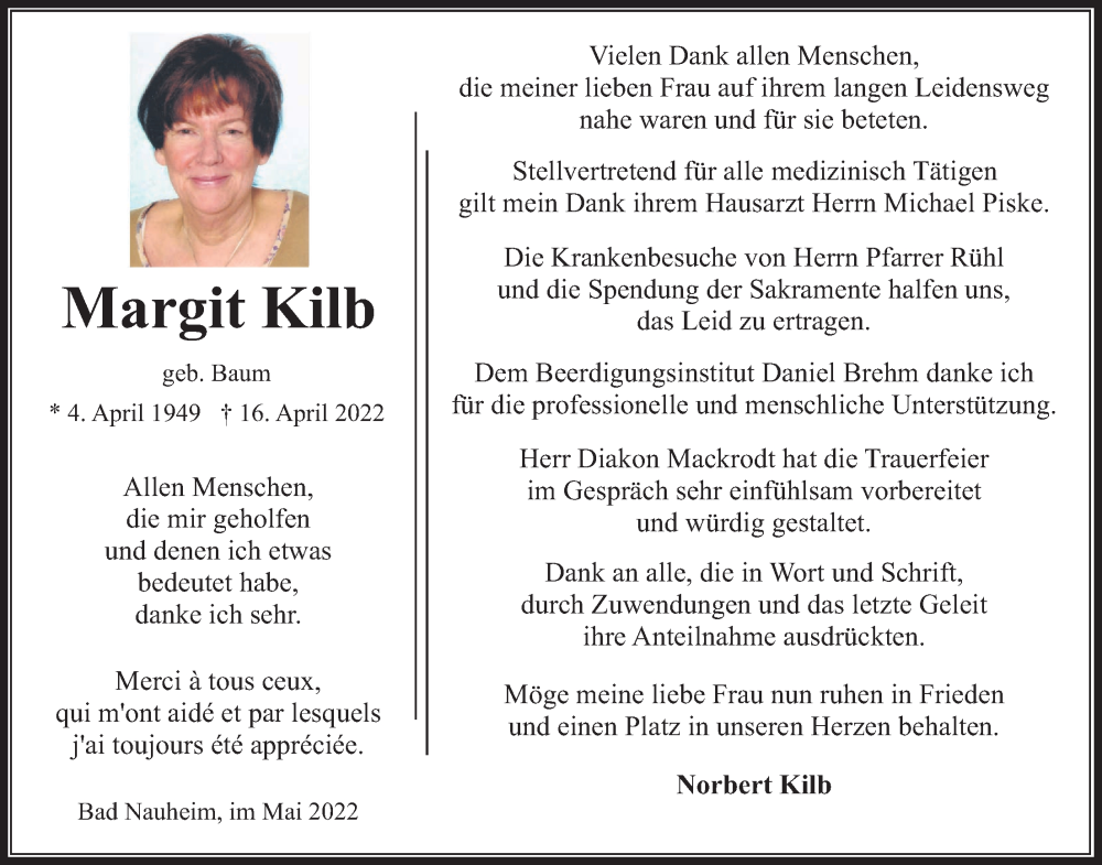  Traueranzeige für Margit Kilb vom 14.05.2022 aus Wetterauer Zeitung