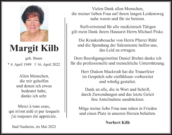 Traueranzeige von Margit Kilb von Wetterauer Zeitung