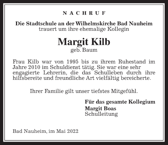 Traueranzeige von Margit Kilb von Wetterauer Zeitung