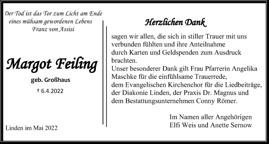 Traueranzeige von Margot Feiling von Giessener Allgemeine, Alsfelder Allgemeine