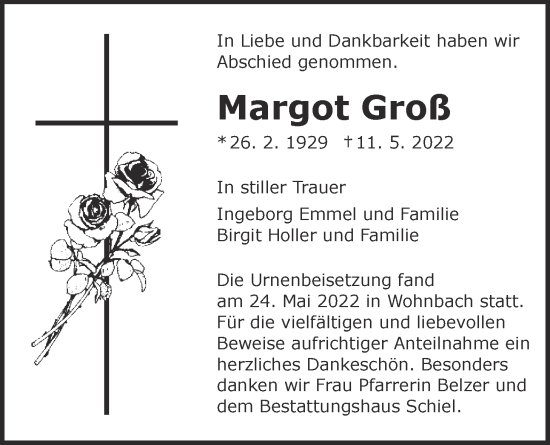 Traueranzeige von Margot Groß von Licher Wochenblatt