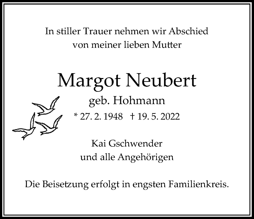  Traueranzeige für Margot Neubert vom 27.05.2022 aus Bad Vilbel/Karben