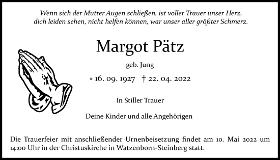 Traueranzeige von Margot Pätz von Pohlheimer Nachrichten