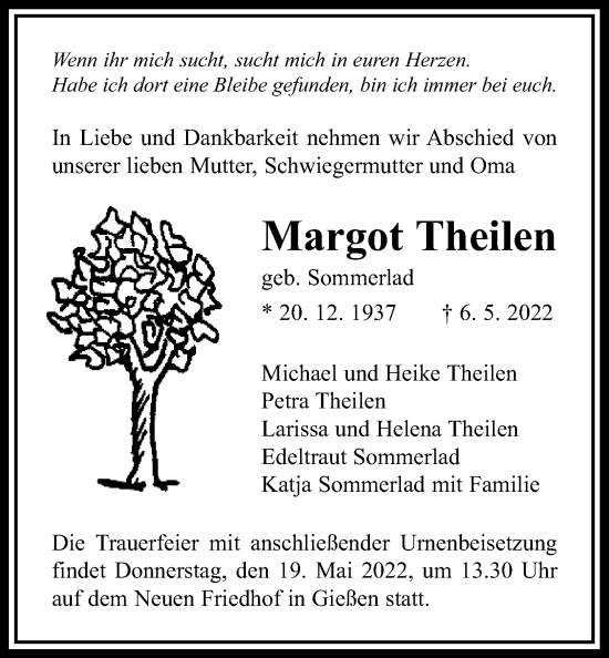 Traueranzeige von Margot Theilen von Giessener Anzeiger