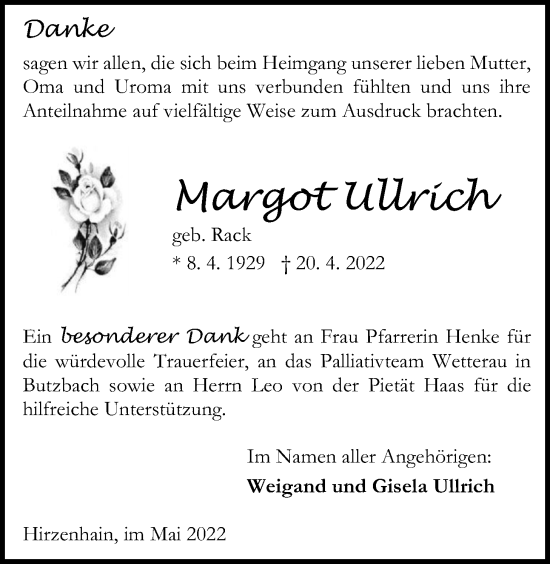 Traueranzeige von Margot Ullrich von Kreis-Anzeiger