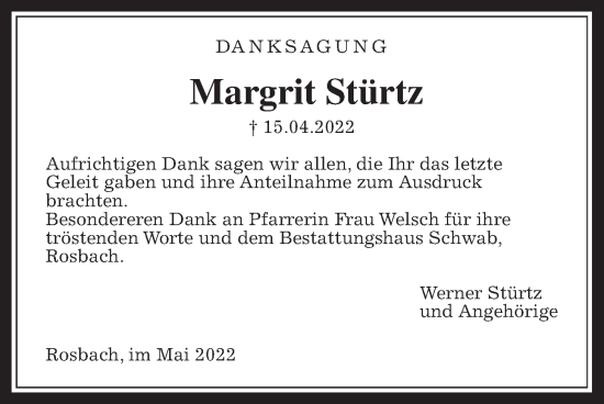 Traueranzeige von Margrit Stürtz von Wetterauer Zeitung