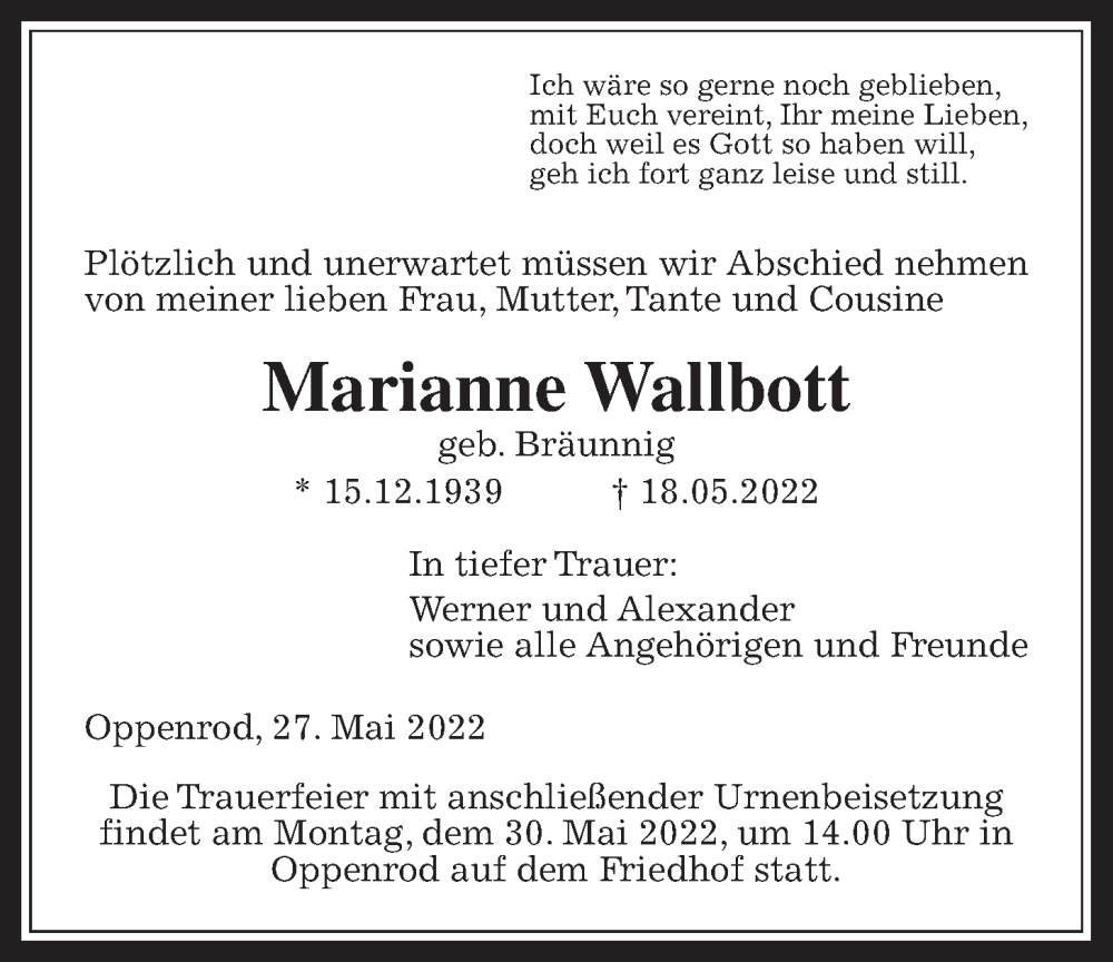  Traueranzeige für Marianne Wallbott vom 27.05.2022 aus Giessener Allgemeine, Alsfelder Allgemeine