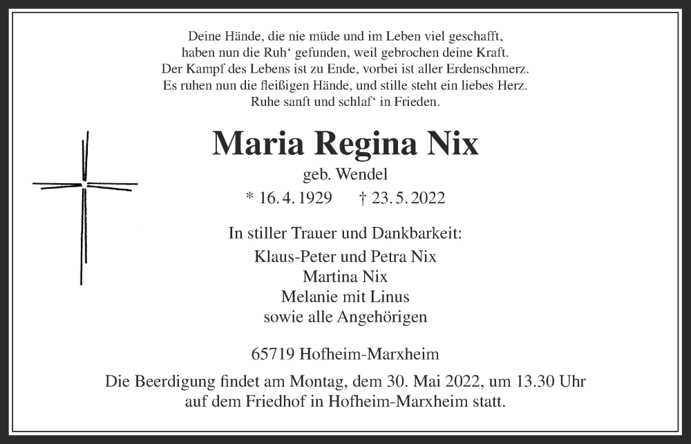  Traueranzeige für Maria Regina Nix vom 27.05.2022 aus 