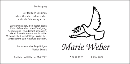 Traueranzeige von Marie Weber von Wetterauer Zeitung