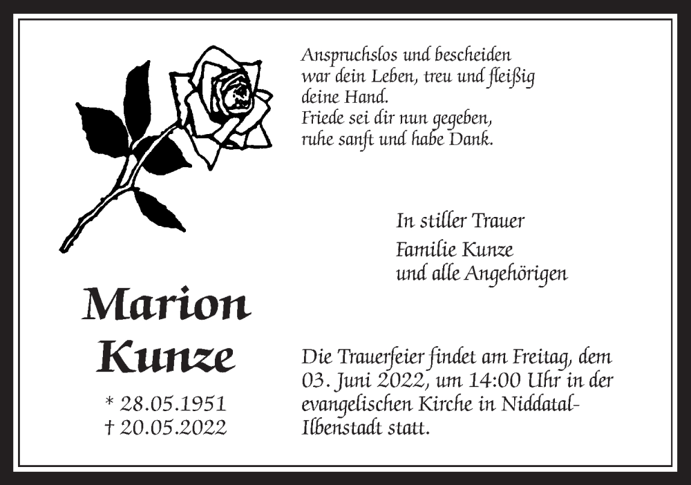  Traueranzeige für Marion Kunze vom 28.05.2022 aus Wetterauer Zeitung
