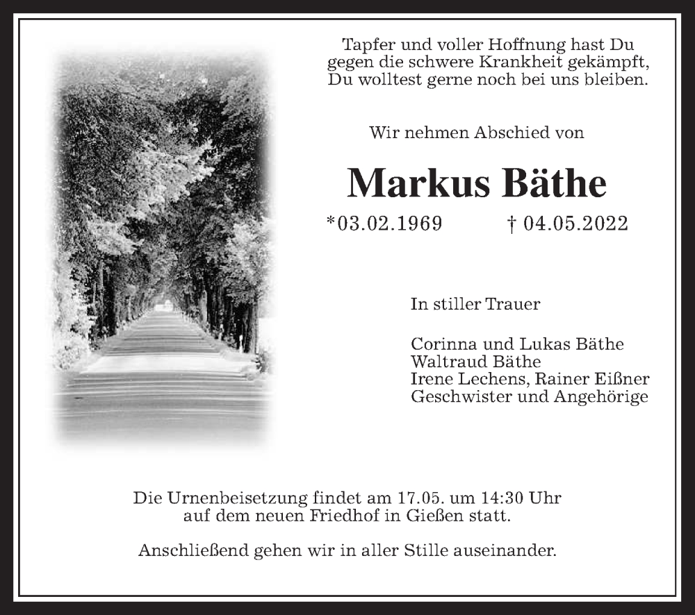  Traueranzeige für Markus Bäthe vom 14.05.2022 aus Giessener Allgemeine, Alsfelder Allgemeine