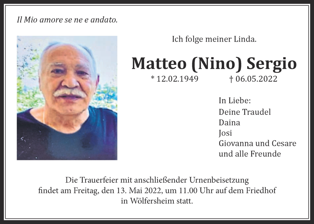  Traueranzeige für Matteo Sergio vom 11.05.2022 aus Wetterauer Zeitung