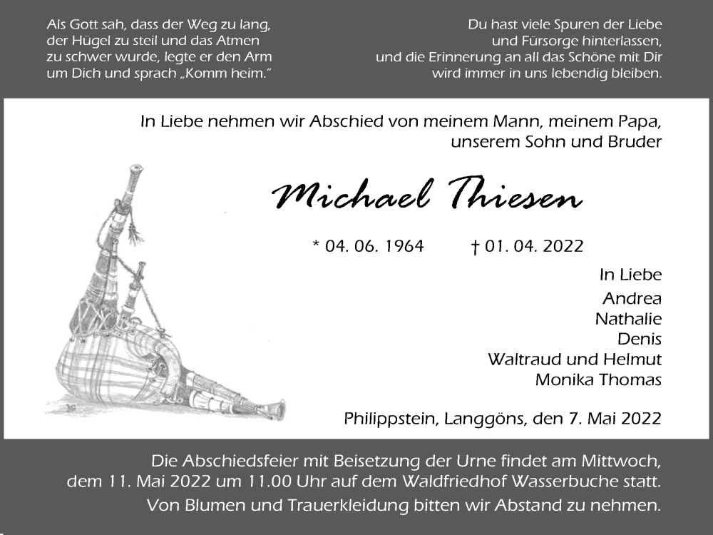  Traueranzeige für Michael Thiesen vom 07.05.2022 aus Giessener Allgemeine, Alsfelder Allgemeine