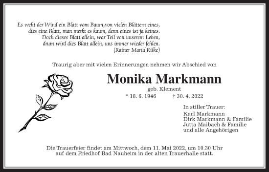Traueranzeige von Monika Markmann von Wetterauer Zeitung