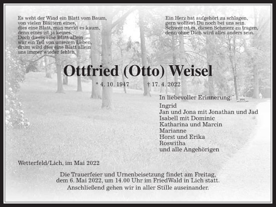Traueranzeige von Ottfried Weisel von Laubacher Anzeiger