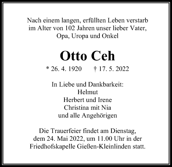 Traueranzeige von Otto Ceh von Giessener Allgemeine, Alsfelder Allgemeine, Giessener Anzeiger