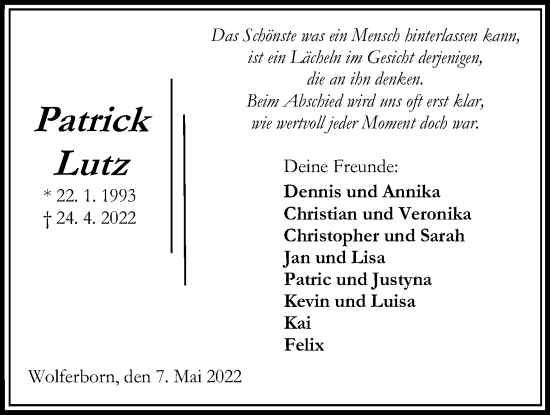 Traueranzeige von Patrick Lutz von Kreis-Anzeiger