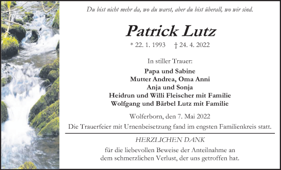 Traueranzeige von Patrick Lutz von Kreis-Anzeiger