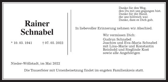 Traueranzeige von Rainer Schnabel von Wetterauer Zeitung