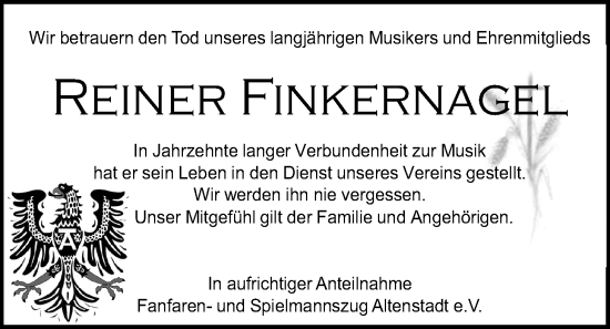 Traueranzeige von Reiner Finkernagel von Kreis-Anzeiger