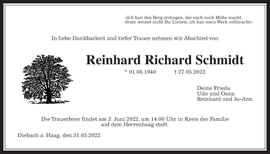 Traueranzeige von Reinhard Richard Schmidt von Kreis-Anzeiger