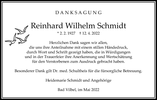 Traueranzeige von Reinhard Wilhelm Schmidt von Bad Vilbel/Karben