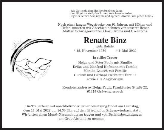 Traueranzeige von Renate Binz von Usinger Anzeiger