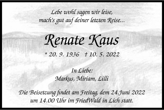 Traueranzeige von Renate Kaus von Licher Wochenblatt