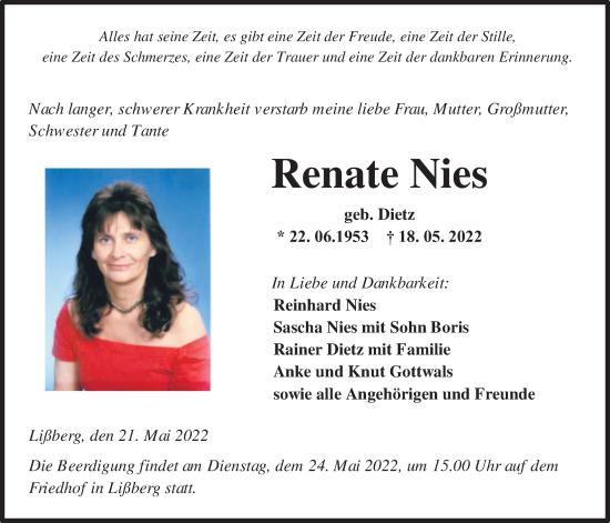 Traueranzeige von Renate Nies von Kreis-Anzeiger