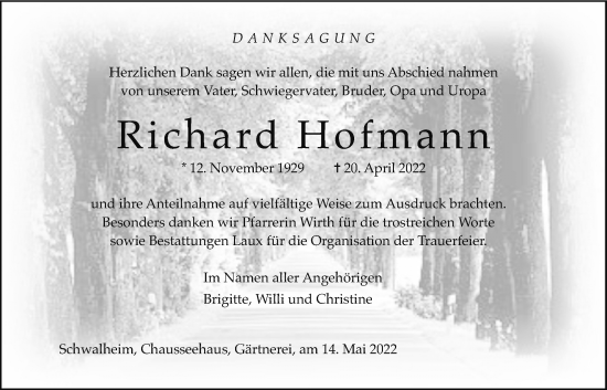 Traueranzeige von Richard Hofmann von Wetterauer Zeitung