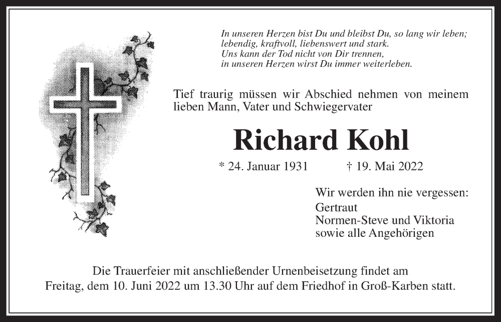  Traueranzeige für Richard Kohl vom 28.05.2022 aus Bad Vilbel/Karben, Wetterauer Zeitung