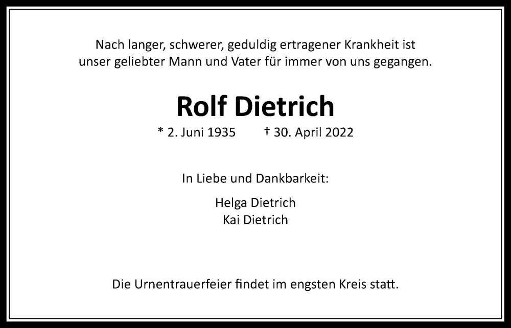  Traueranzeige für Rolf Dietrich vom 06.05.2022 aus 