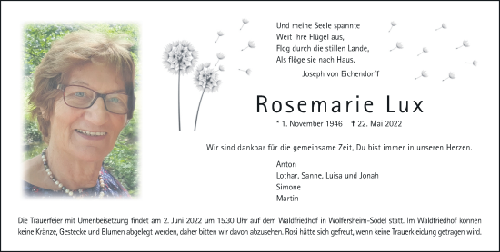 Traueranzeige von Rosemarie Lux von Wetterauer Zeitung