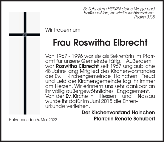 Traueranzeige von Roswitha Elbrecht von Kreis-Anzeiger