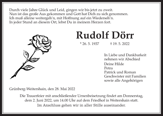 Traueranzeige von Rudolf Dörr von Giessener Allgemeine, Alsfelder Allgemeine