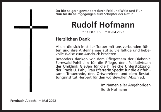 Traueranzeige von Rudolf Hofmann von Giessener Allgemeine, Alsfelder Allgemeine, Giessener Anzeiger