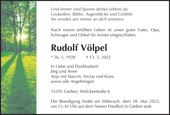 Traueranzeige von Rudolf Völpel von Alsfelder Allgemeine, Giessener Anzeiger, Giessener Allgemeine