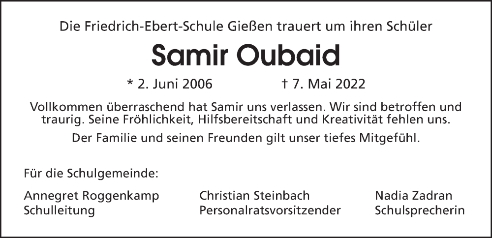  Traueranzeige für Samir Oubaid vom 14.05.2022 aus Giessener Allgemeine, Alsfelder Allgemeine