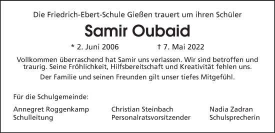 Traueranzeige von Samir Oubaid von Giessener Allgemeine, Alsfelder Allgemeine