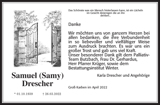 Traueranzeige von Samuel Drescher von Wetterauer Zeitung
