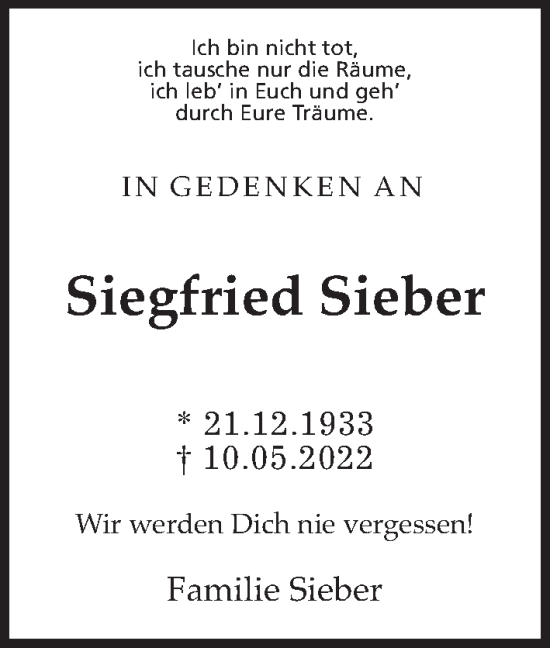Traueranzeige von Siegfried Sieber von Giessener Allgemeine, Alsfelder Allgemeine