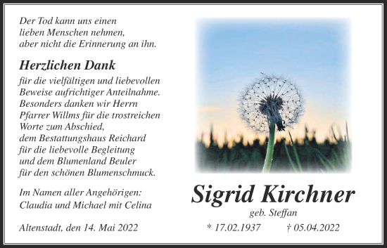 Traueranzeige von Sigrid Kirchner von Kreis-Anzeiger